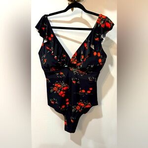 COCOSHIP Black and Red Floral One Piece Swimsuit
